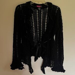 Say What? Black Open-Weave Crochet Tie-Front Cardigan
